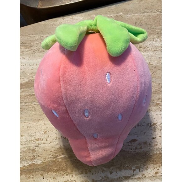 Strawberry Plush Stuffed Toy Pink With Green Leaves & White Seed Accents - Picture 2 of 3